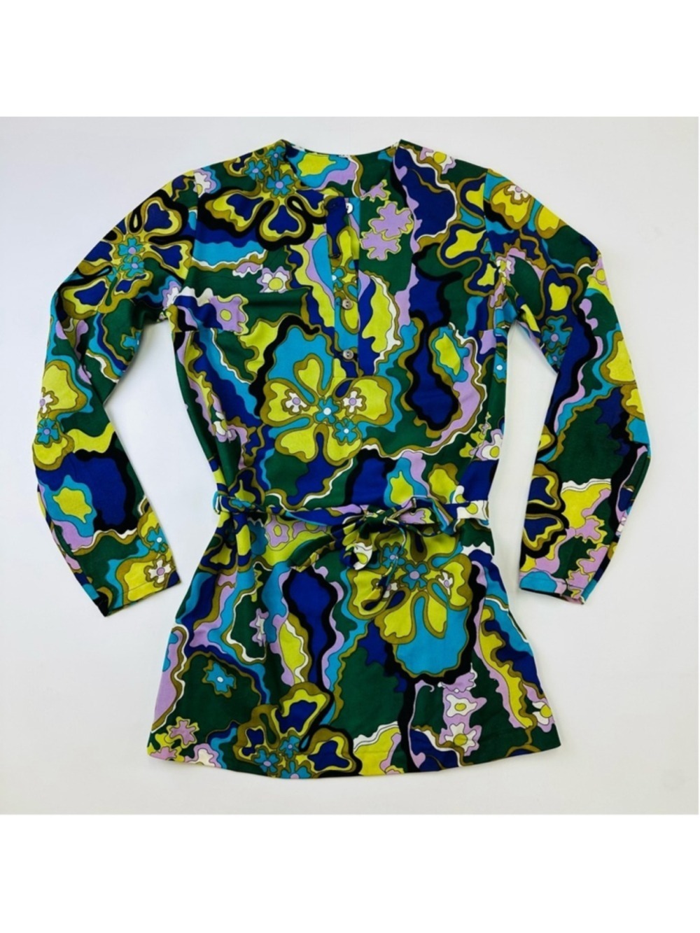 Mod Vintage 70s womens top Small belted long sleeve abstract Retro